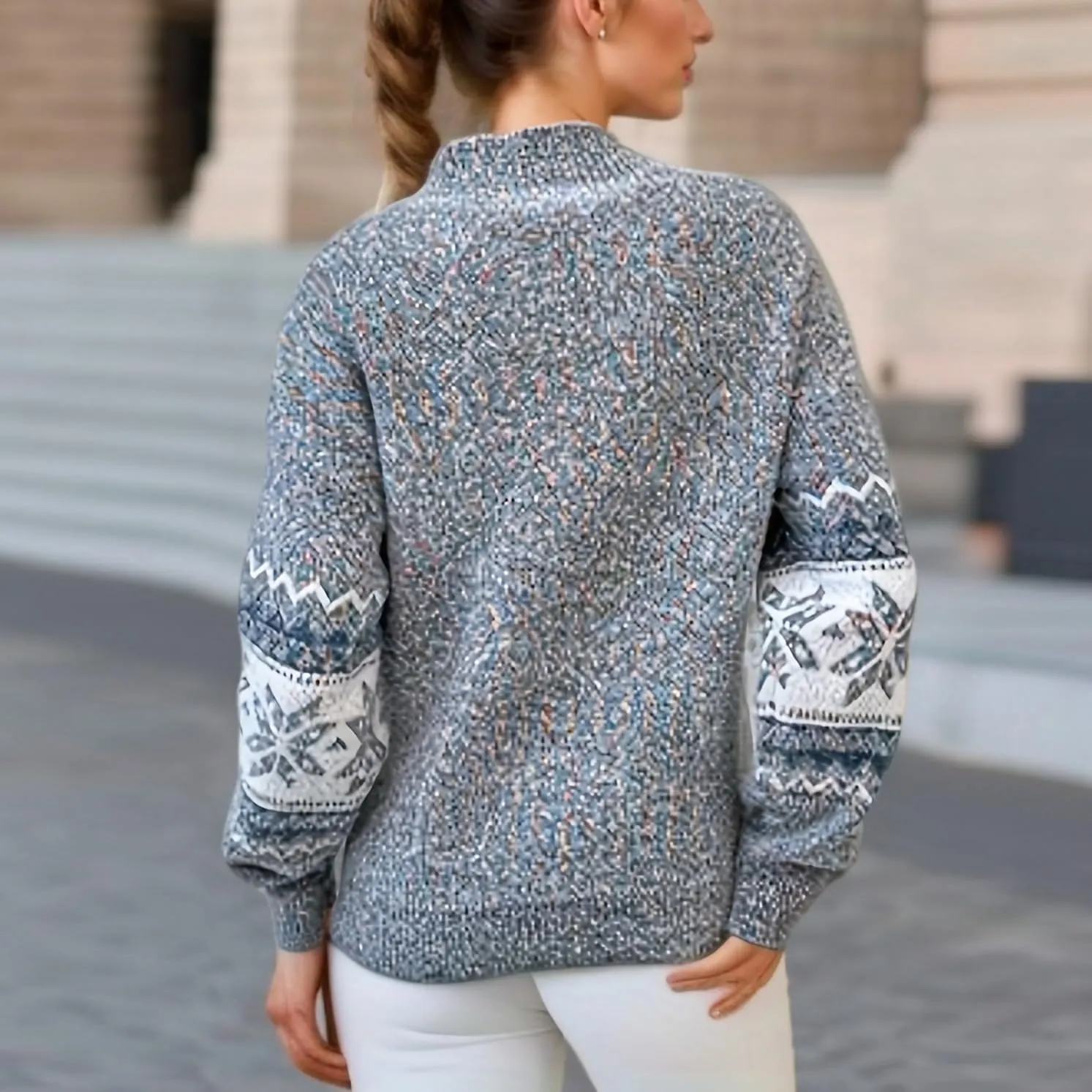 Women's Fall Winter Snow Print Knitted Pullover Sweaters Long Sleeve Crewneck Fair Isle Jumper Tops