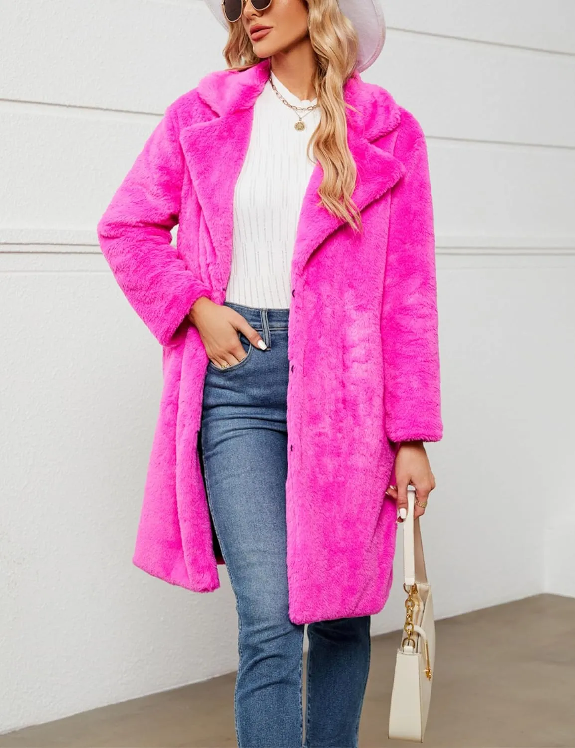 Women's Faux Fur Coat Fuzzy Warm Winter Long Fur Jackets Cardigan Outerwear with Pockets Overcoat