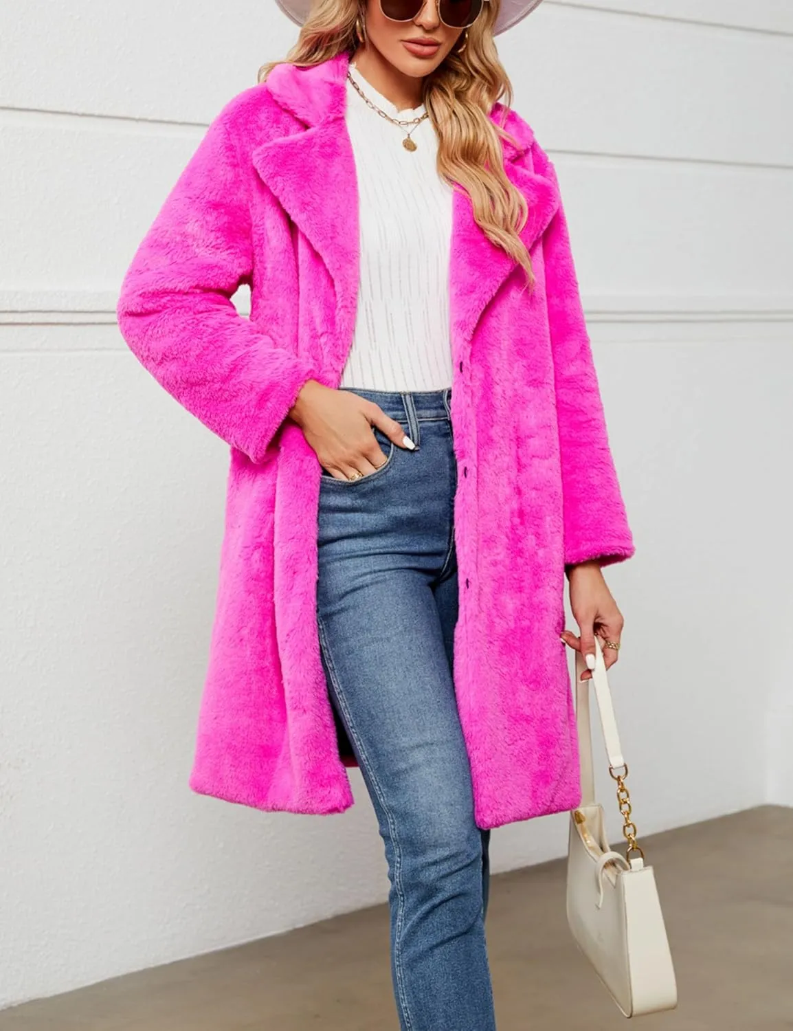 Women's Faux Fur Coat Fuzzy Warm Winter Long Fur Jackets Cardigan Outerwear with Pockets Overcoat