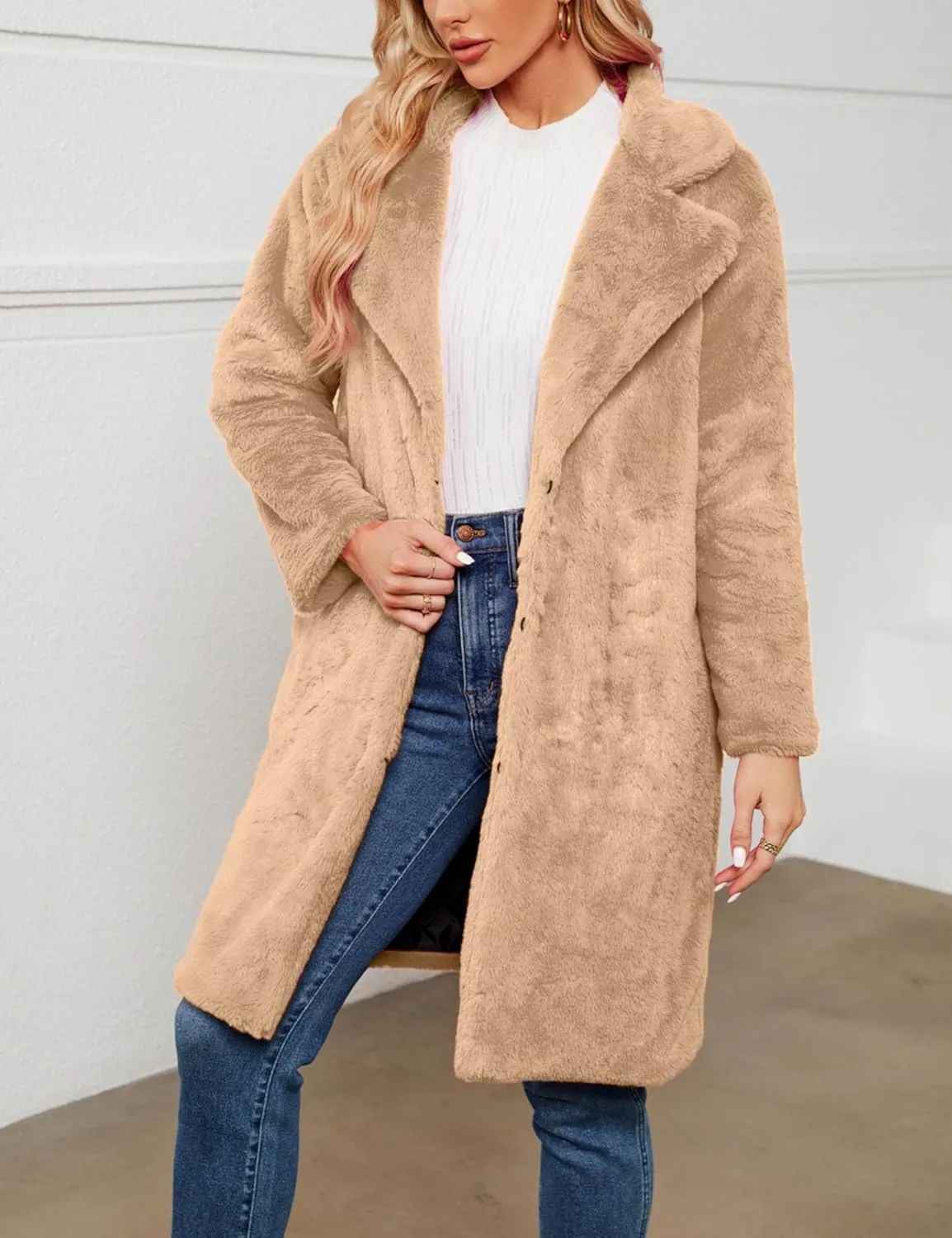 Women's Faux Fur Coat Fuzzy Warm Winter Long Fur Jackets Cardigan Outerwear with Pockets Overcoat