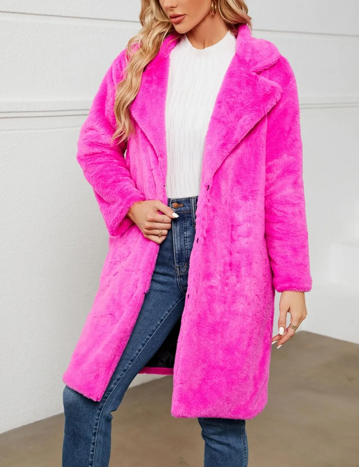 Women's Faux Fur Coat Fuzzy Warm Winter Long Fur Jackets Cardigan Outerwear with Pockets Overcoat