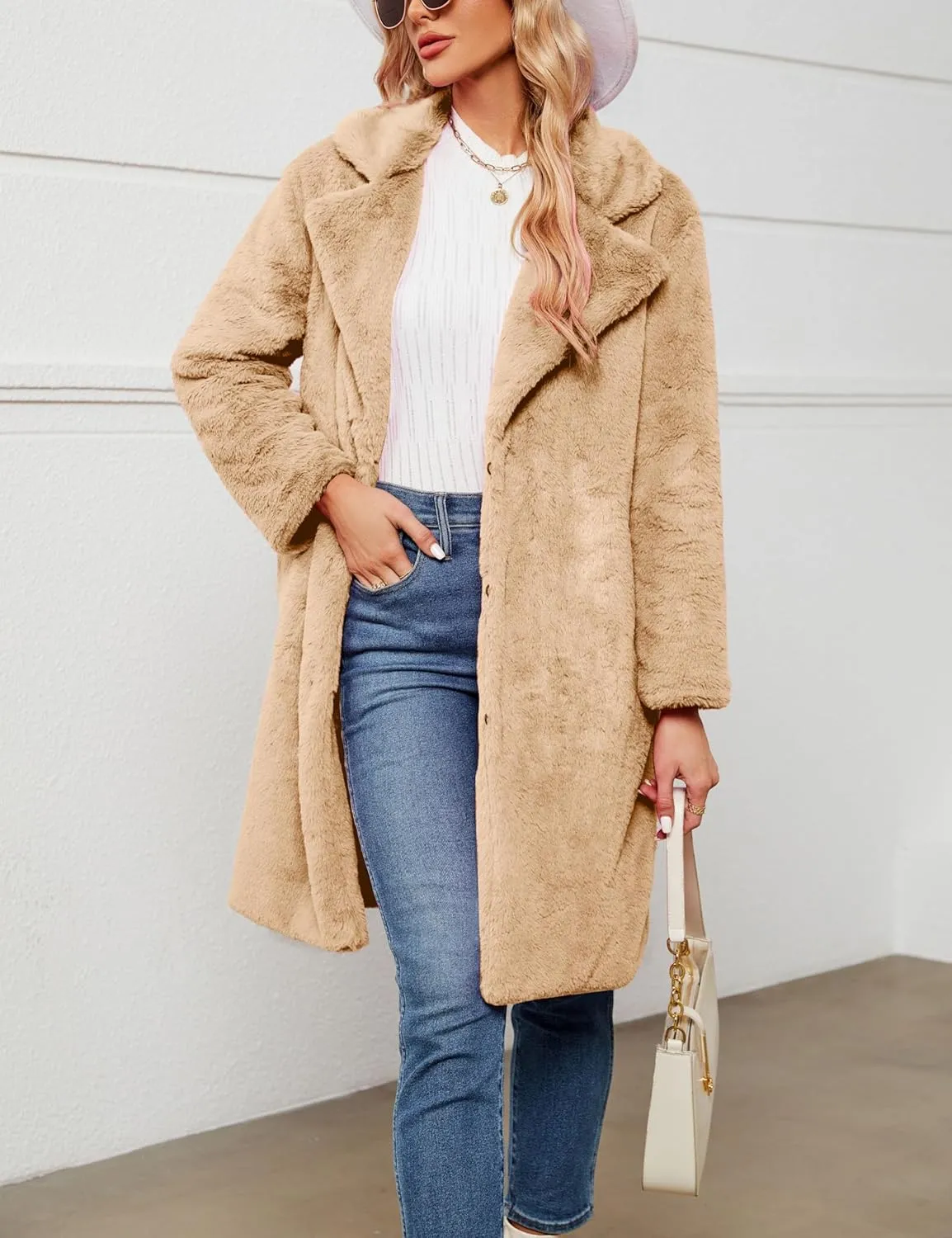 Women's Faux Fur Coat Fuzzy Warm Winter Long Fur Jackets Cardigan Outerwear with Pockets Overcoat