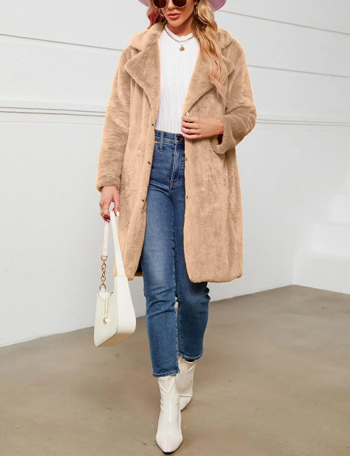 Women's Faux Fur Coat Fuzzy Warm Winter Long Fur Jackets Cardigan Outerwear with Pockets Overcoat