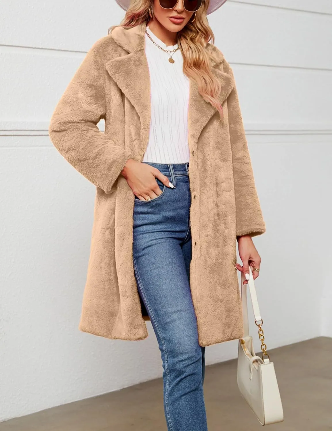 Women's Faux Fur Coat Fuzzy Warm Winter Long Fur Jackets Cardigan Outerwear with Pockets Overcoat
