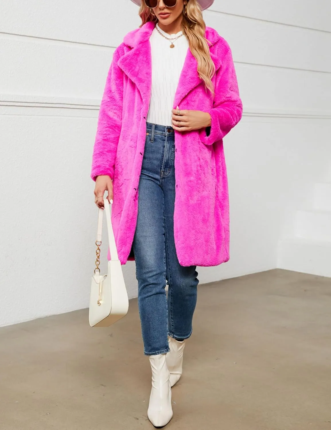 Women's Faux Fur Coat Fuzzy Warm Winter Long Fur Jackets Cardigan Outerwear with Pockets Overcoat