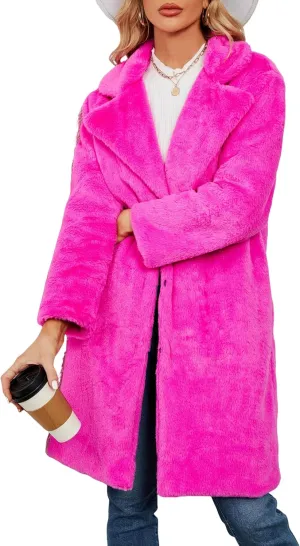 Women's Faux Fur Coat Fuzzy Warm Winter Long Fur Jackets Cardigan Outerwear with Pockets Overcoat