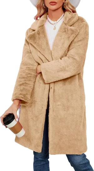 Women's Faux Fur Coat Fuzzy Warm Winter Long Fur Jackets Cardigan Outerwear with Pockets Overcoat