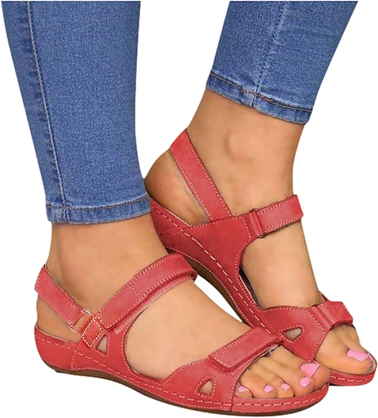 Women’s Flat Sandals Comfortable Open Toe Elastic Ankle Strap Slip on Comfy Low Wedge Sandals Slingback Walking Sandals