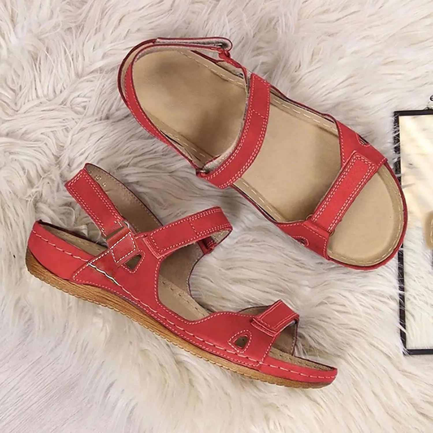 Women’s Flat Sandals Comfortable Open Toe Elastic Ankle Strap Slip on Comfy Low Wedge Sandals Slingback Walking Sandals