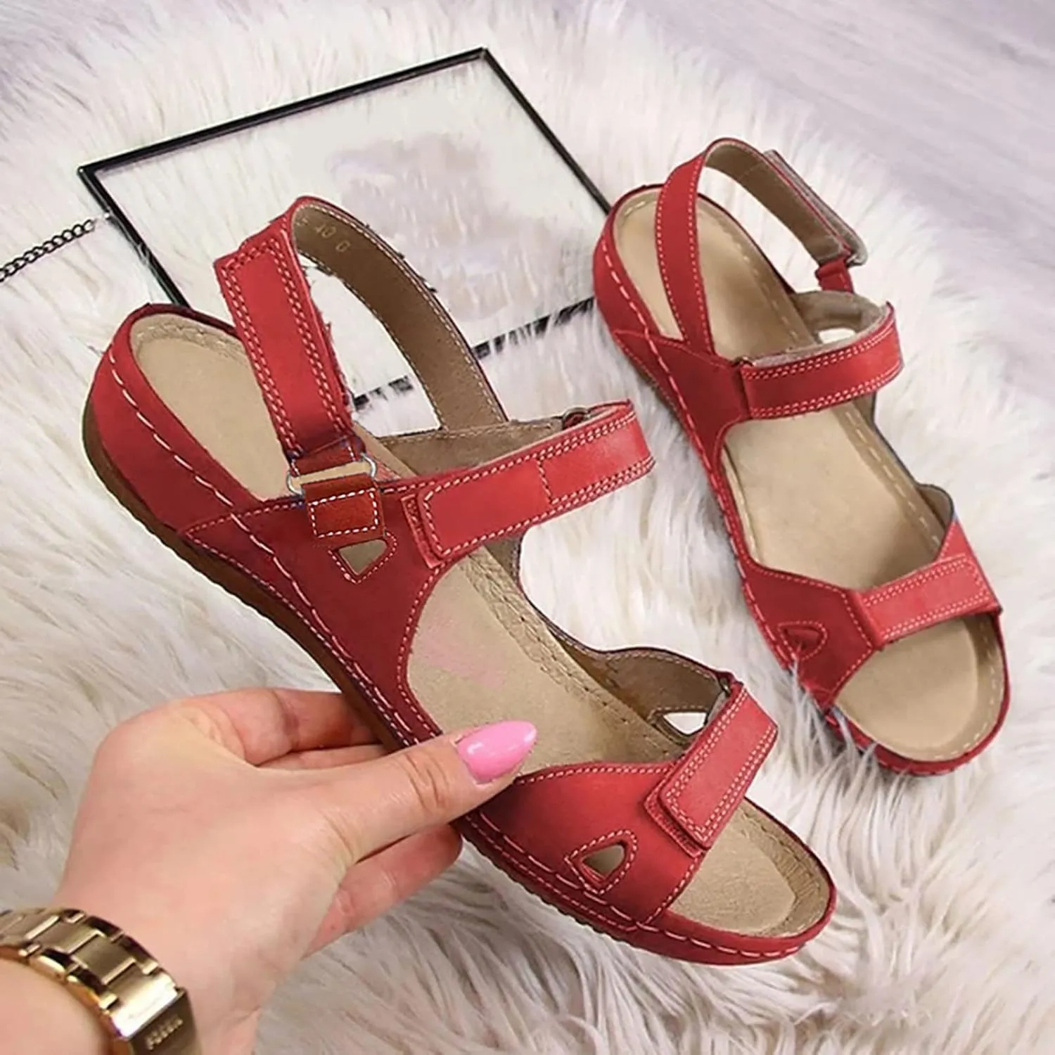 Women’s Flat Sandals Comfortable Open Toe Elastic Ankle Strap Slip on Comfy Low Wedge Sandals Slingback Walking Sandals