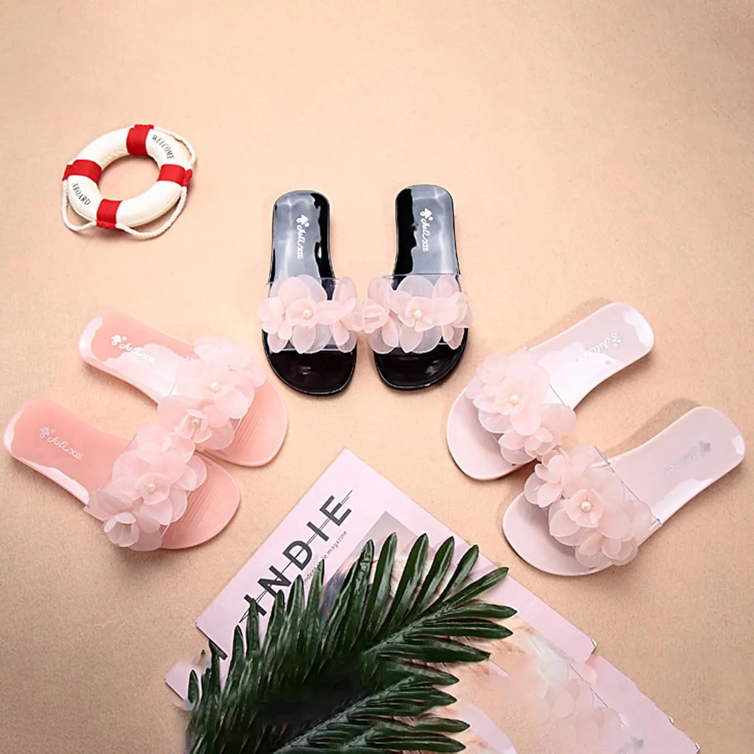 Women's Flower Transparent Jelly Slide Sandals Summer Open Toes Slip-On Flat Beach Slippers Casual Non-Slip Sandals Indoor and Outdoor