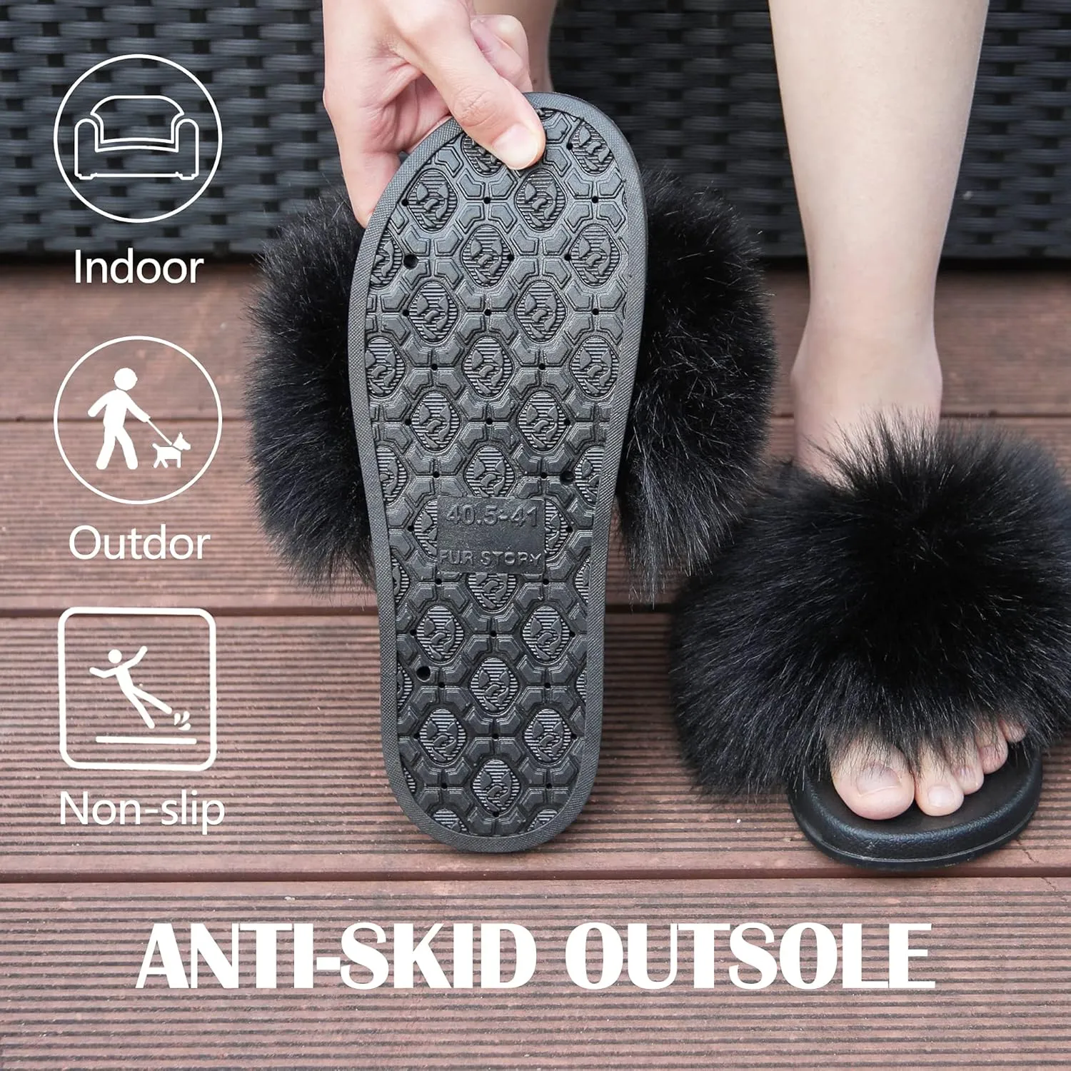 Women's Furry Slides Faux Fur Slides Fuzzy Slippers Fluffy Sandals Outdoor Indoor