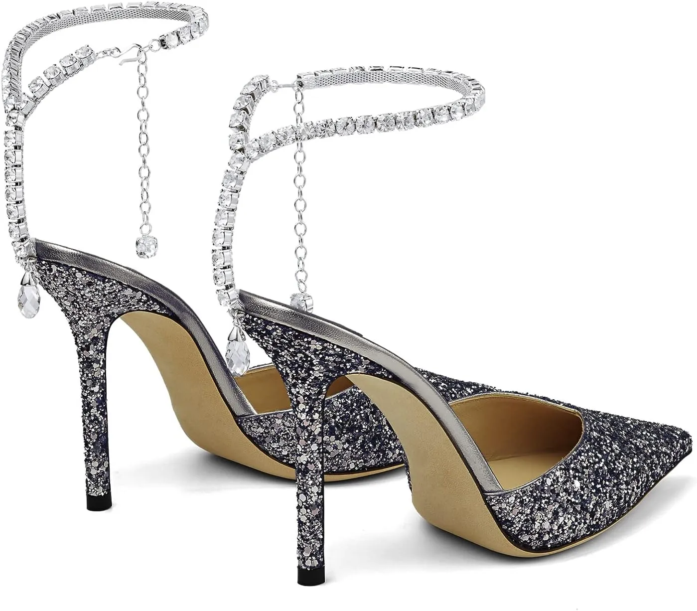 Women's Heeled Sandals Crystal Chain Rhinestone Embellished Strap Pumps Pointy Stilettos Backless Wedding Dressy Bridal Shoes