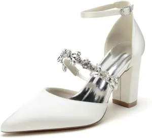 Women's High Chunky Wedding Shoes Block Heels Crystal Pump Sandals Wedding Party Pumps Shoes