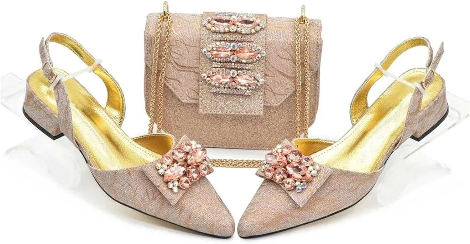 Women's Italian Luxury African Wedding Set - Rhinestone Low Heel Pumps & Designer Bag (Pointed Toe)