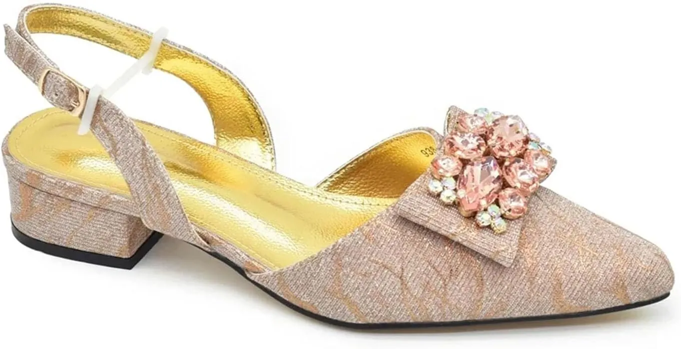Women's Italian Luxury African Wedding Set - Rhinestone Low Heel Pumps & Designer Bag (Pointed Toe)