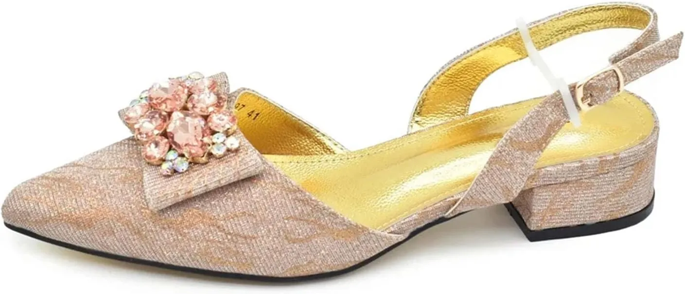 Women's Italian Luxury African Wedding Set - Rhinestone Low Heel Pumps & Designer Bag (Pointed Toe)