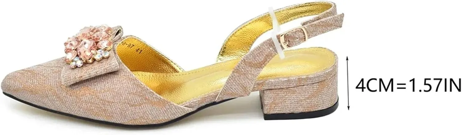 Women's Italian Luxury African Wedding Set - Rhinestone Low Heel Pumps & Designer Bag (Pointed Toe)