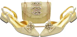 Women's Italian Luxury African Wedding Set - Rhinestone Low Heel Pumps & Designer Bag (Pointed Toe)