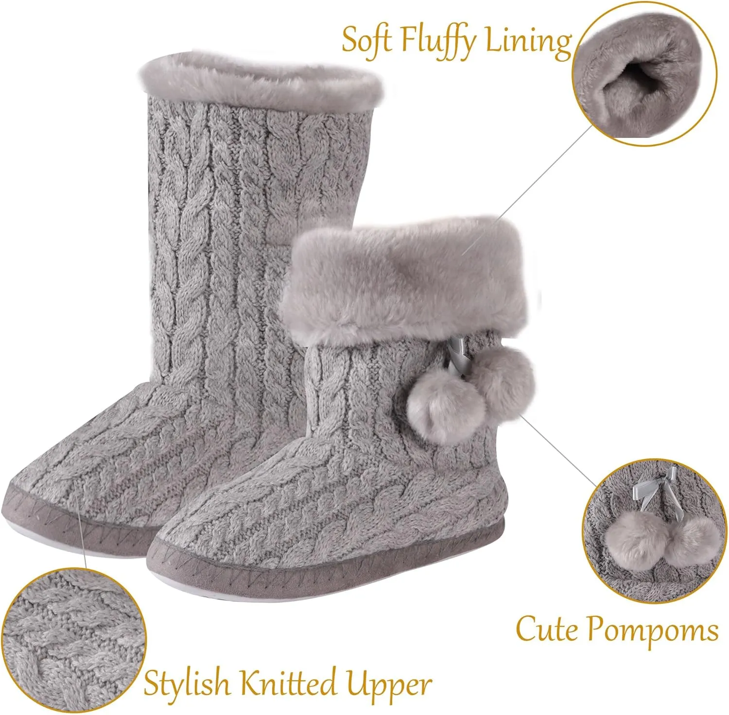 Women's Knit Slippers Indoor Warm Fluffy Home Bootie Slippers Anti-Slip House Shoes with Cute Pom Poms Soft Cozy Ankle Boots for Women