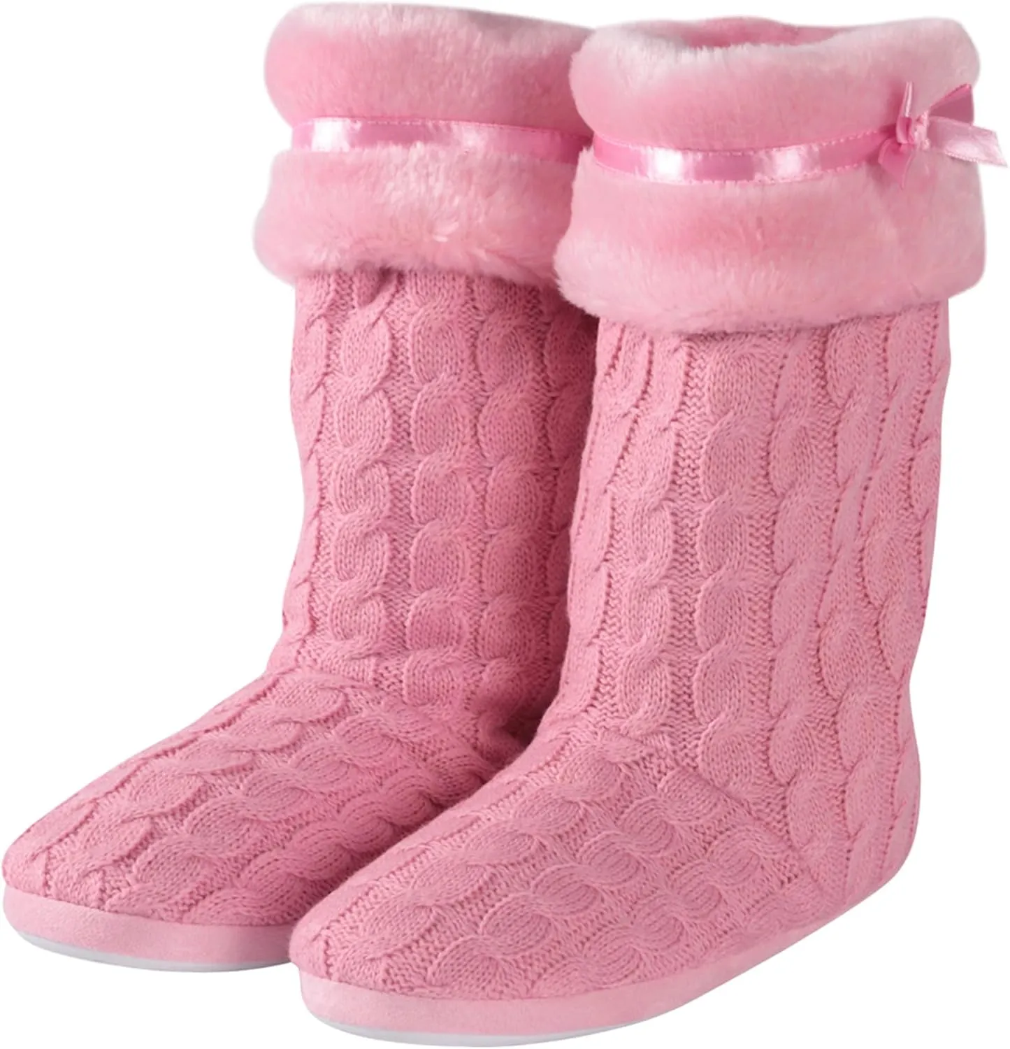 Women's Knit Slippers Indoor Warm Fluffy Home Bootie Slippers Anti-Slip House Shoes with Cute Pom Poms Soft Cozy Ankle Boots for Women