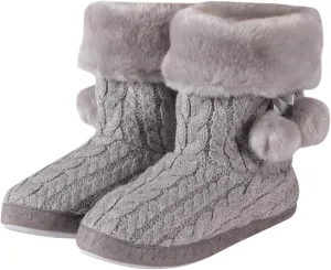 Women's Knit Slippers Indoor Warm Fluffy Home Bootie Slippers Anti-Slip House Shoes with Cute Pom Poms Soft Cozy Ankle Boots for Women