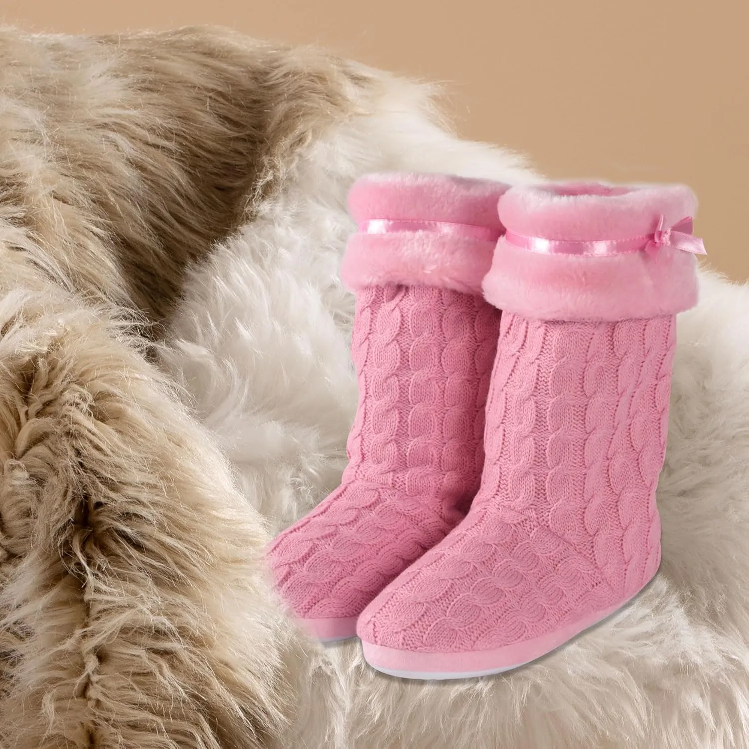Women's Knit Slippers Indoor Warm Fluffy Home Bootie Slippers Anti-Slip House Shoes with Cute Pom Poms Soft Cozy Ankle Boots for Women