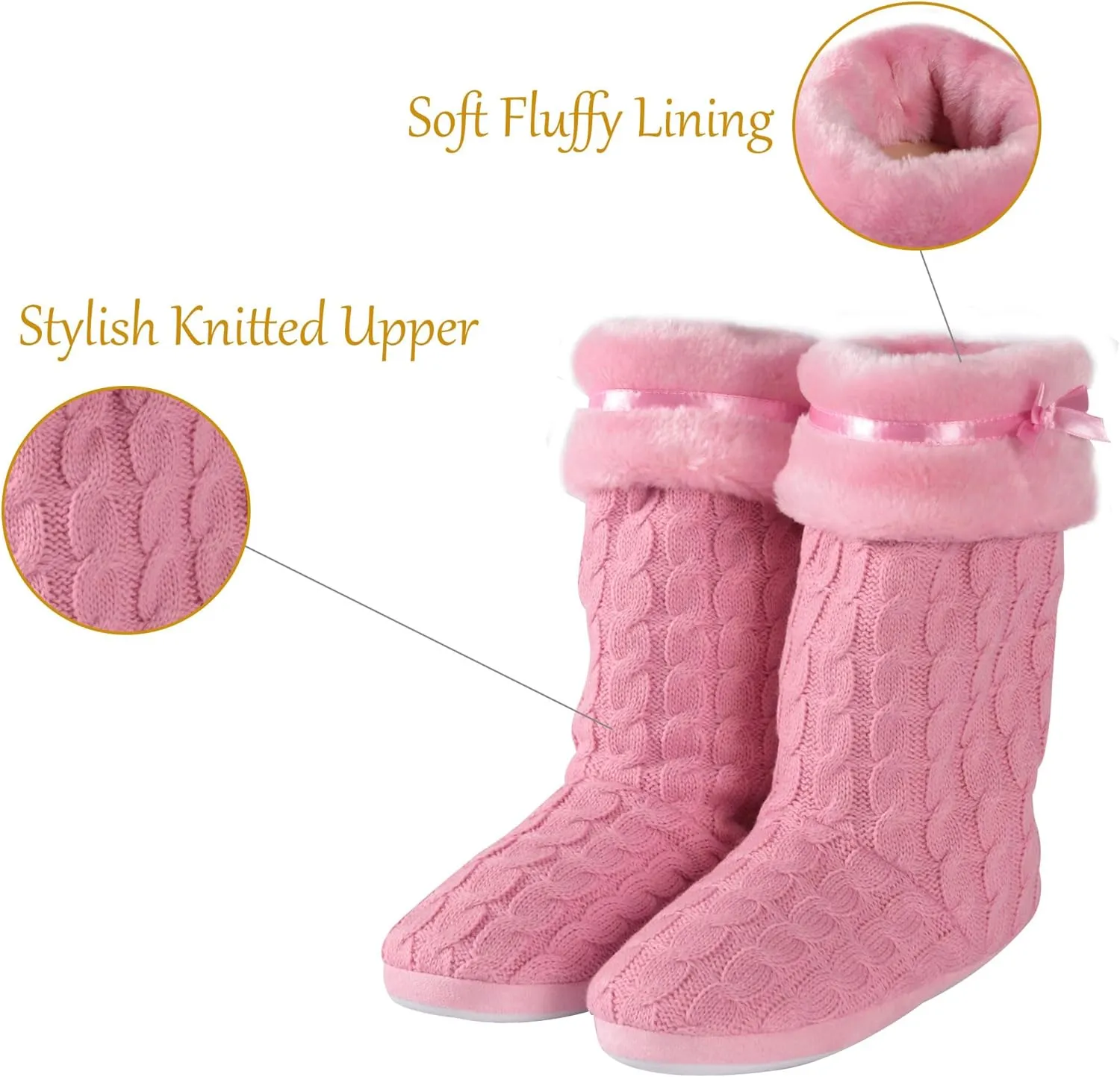Women's Knit Slippers Indoor Warm Fluffy Home Bootie Slippers Anti-Slip House Shoes with Cute Pom Poms Soft Cozy Ankle Boots for Women