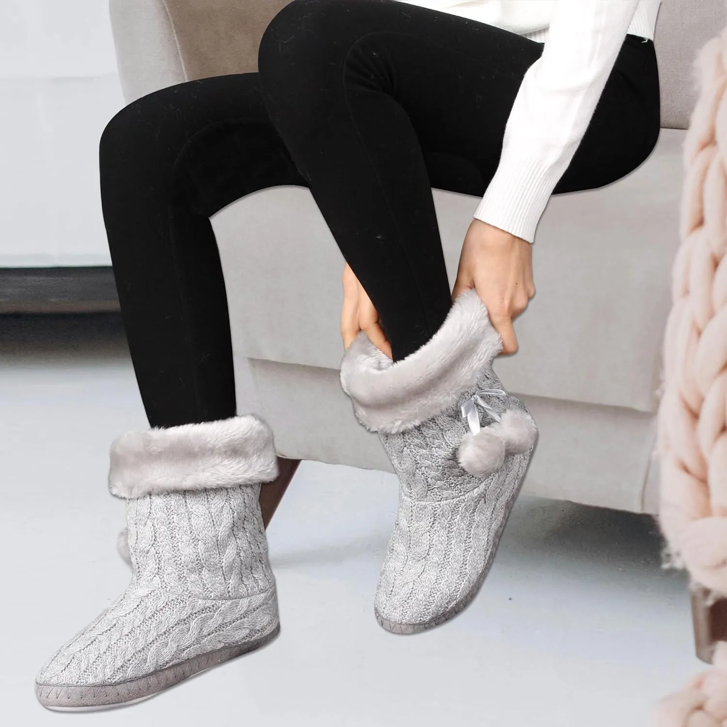 Women's Knit Slippers Indoor Warm Fluffy Home Bootie Slippers Anti-Slip House Shoes with Cute Pom Poms Soft Cozy Ankle Boots for Women