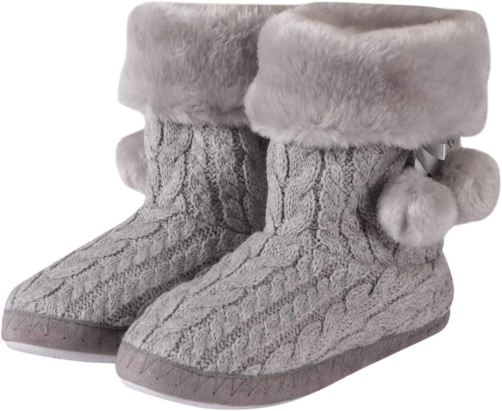 Women's Knit Slippers Indoor Warm Fluffy Home Bootie Slippers Anti-Slip House Shoes with Cute Pom Poms Soft Cozy Ankle Boots for Women