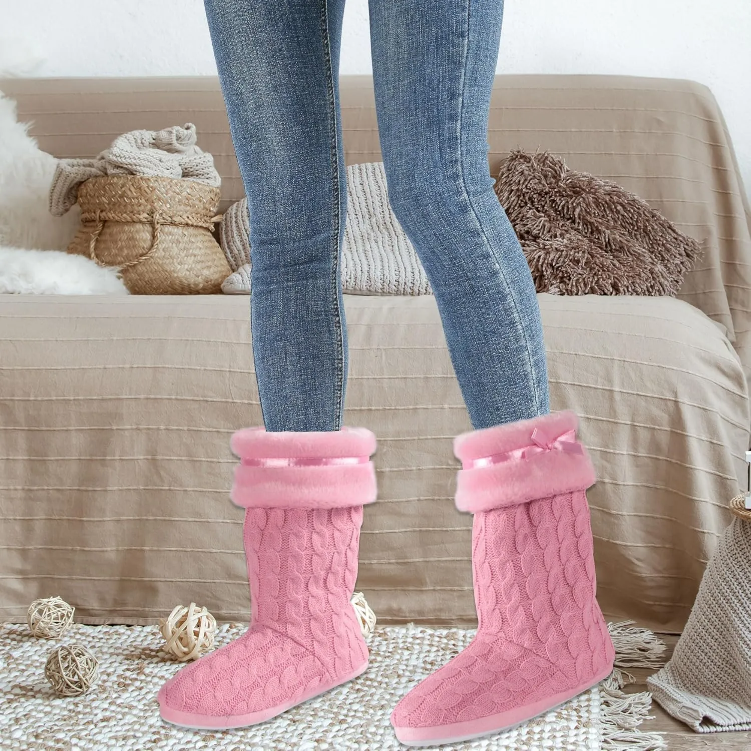 Women's Knit Slippers Indoor Warm Fluffy Home Bootie Slippers Anti-Slip House Shoes with Cute Pom Poms Soft Cozy Ankle Boots for Women