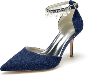 Womens Lace Wedding Shoes with Pearls Ankle Strap Pointed Toe Dress Pumps Prom Formal Party Shoes