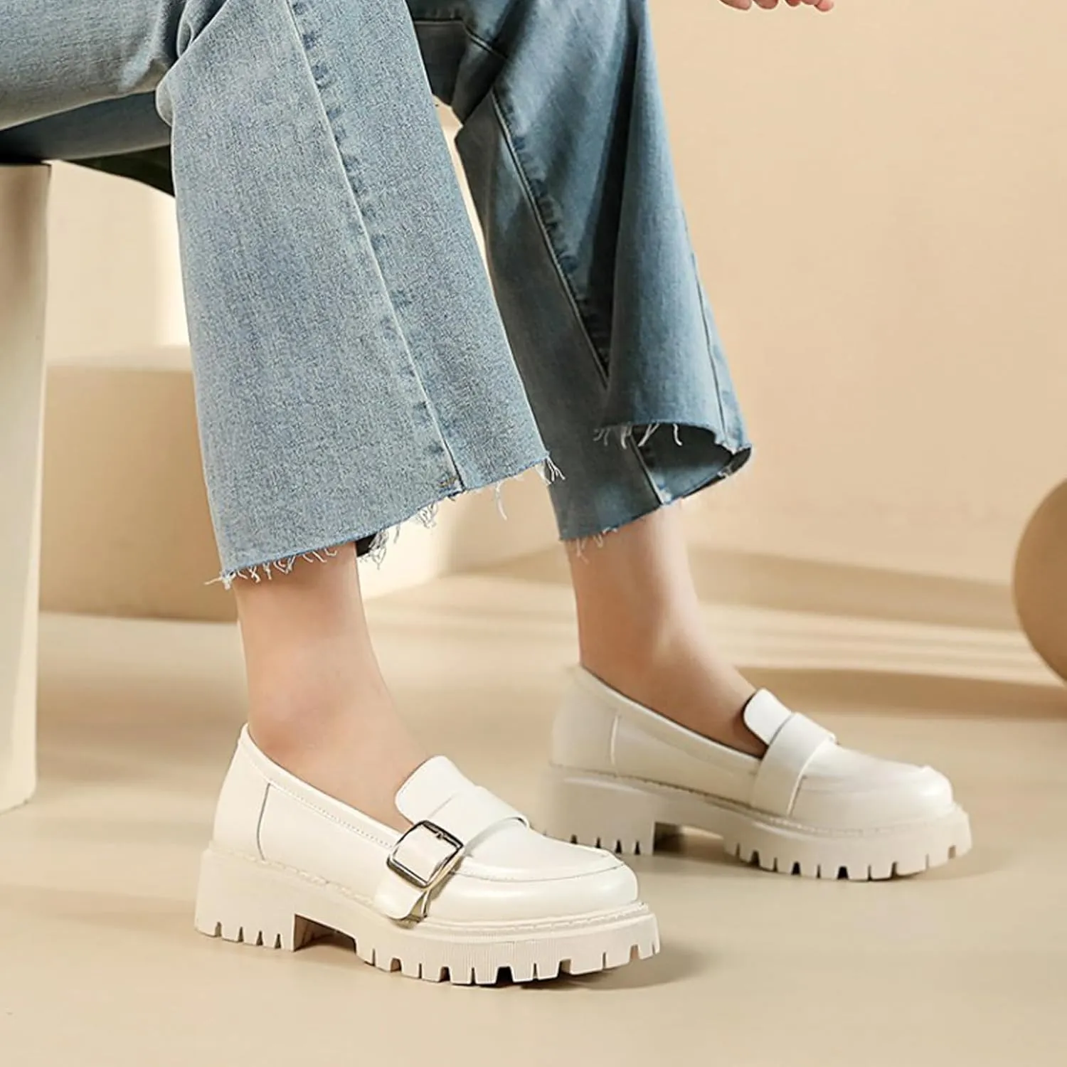 Women's Leather Chunky Heel Loafers Fashion Monk Strap Buckle Decorate Comfort Slip-On Round Toe Platform Lug Sole Work Business Penny Loafer for Office Uniform