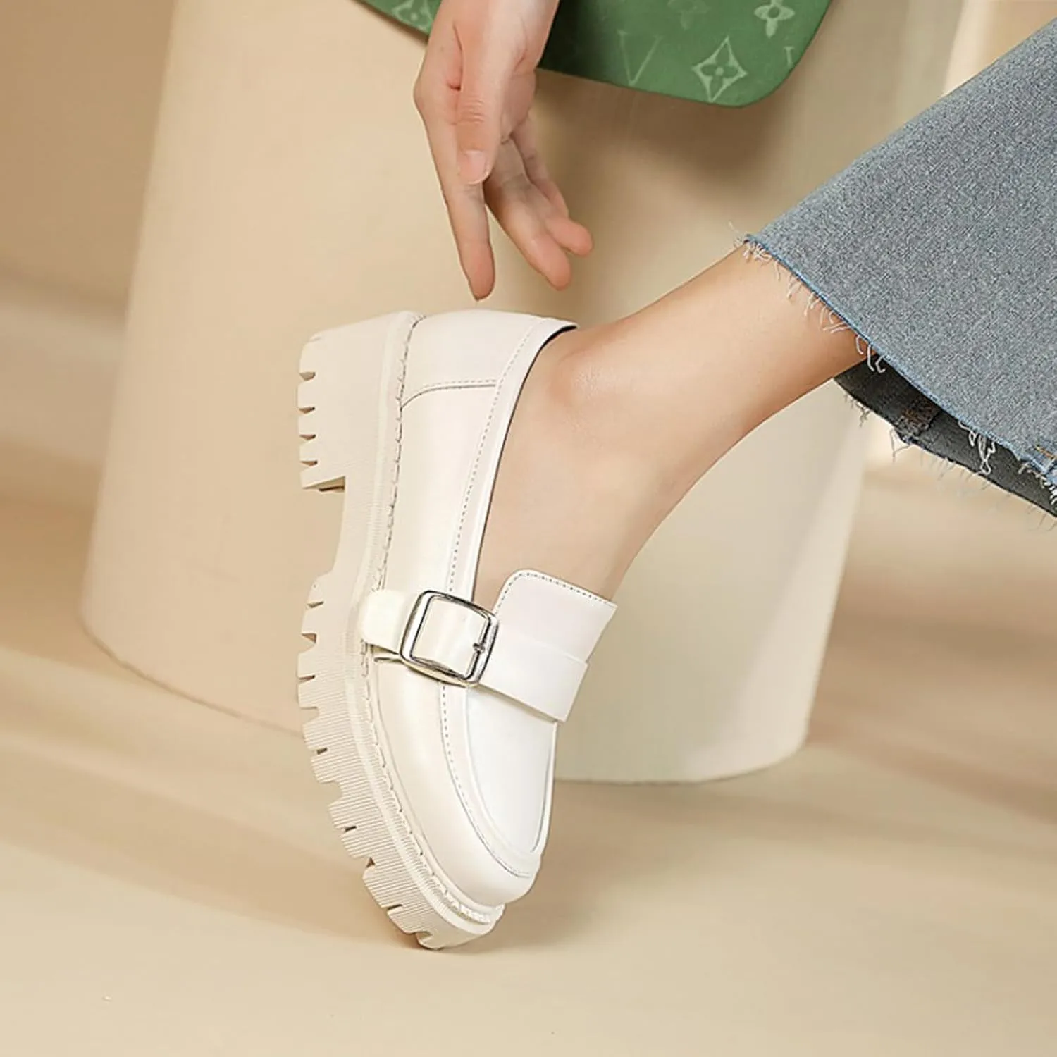 Women's Leather Chunky Heel Loafers Fashion Monk Strap Buckle Decorate Comfort Slip-On Round Toe Platform Lug Sole Work Business Penny Loafer for Office Uniform