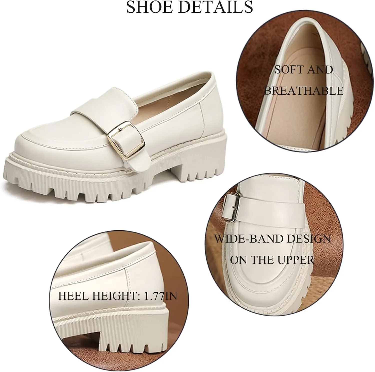 Women's Leather Chunky Heel Loafers Fashion Monk Strap Buckle Decorate Comfort Slip-On Round Toe Platform Lug Sole Work Business Penny Loafer for Office Uniform