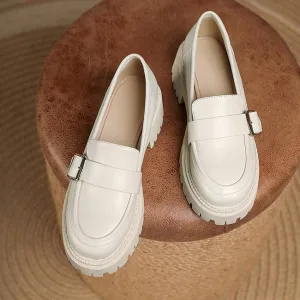 Women's Leather Chunky Heel Loafers Fashion Monk Strap Buckle Decorate Comfort Slip-On Round Toe Platform Lug Sole Work Business Penny Loafer for Office Uniform