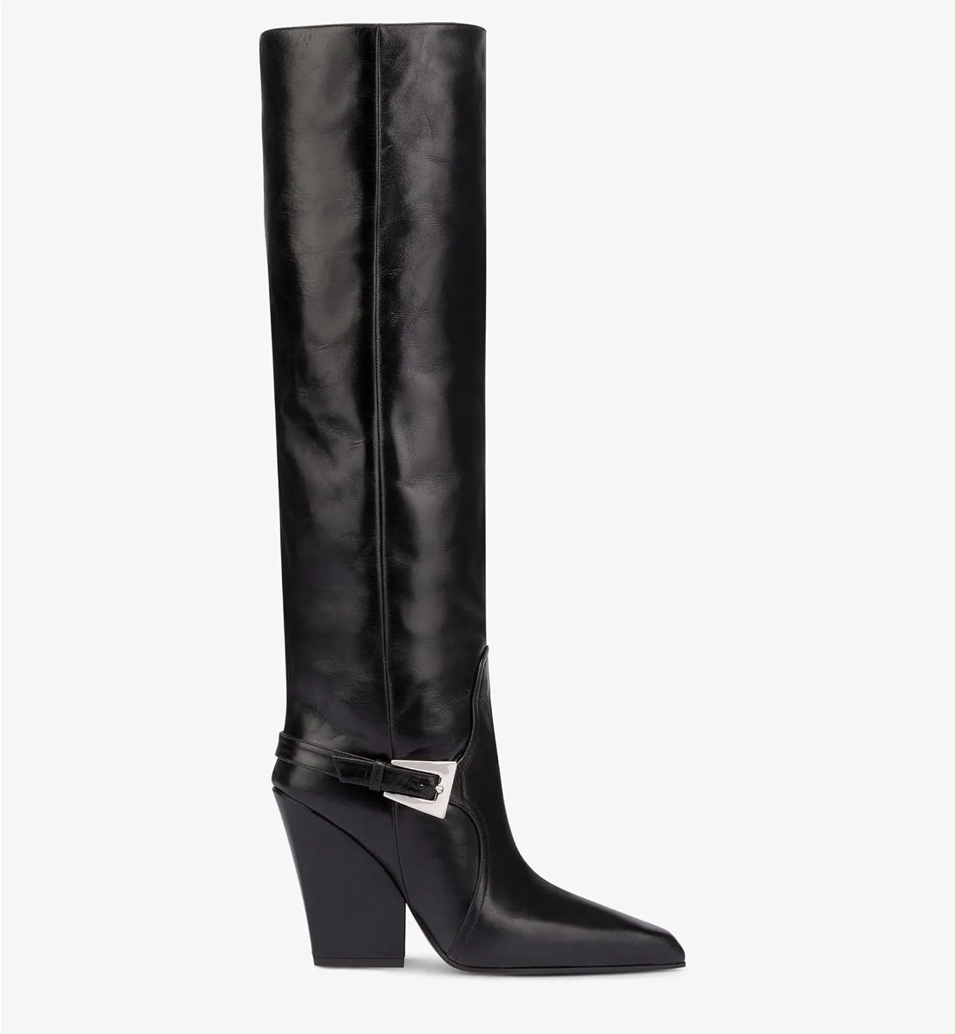 Women's Leather Knee High Boots Pointed Toe Chunky Block Heel Wide Calf Boots Ankle Strap Buckle Pull On Retro Red/Black Tall Boots