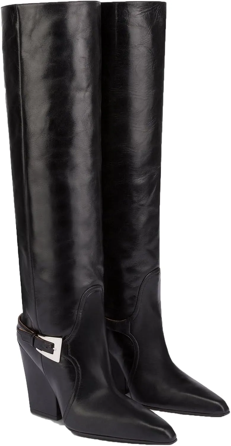 Women's Leather Knee High Boots Pointed Toe Chunky Block Heel Wide Calf Boots Ankle Strap Buckle Pull On Retro Red/Black Tall Boots