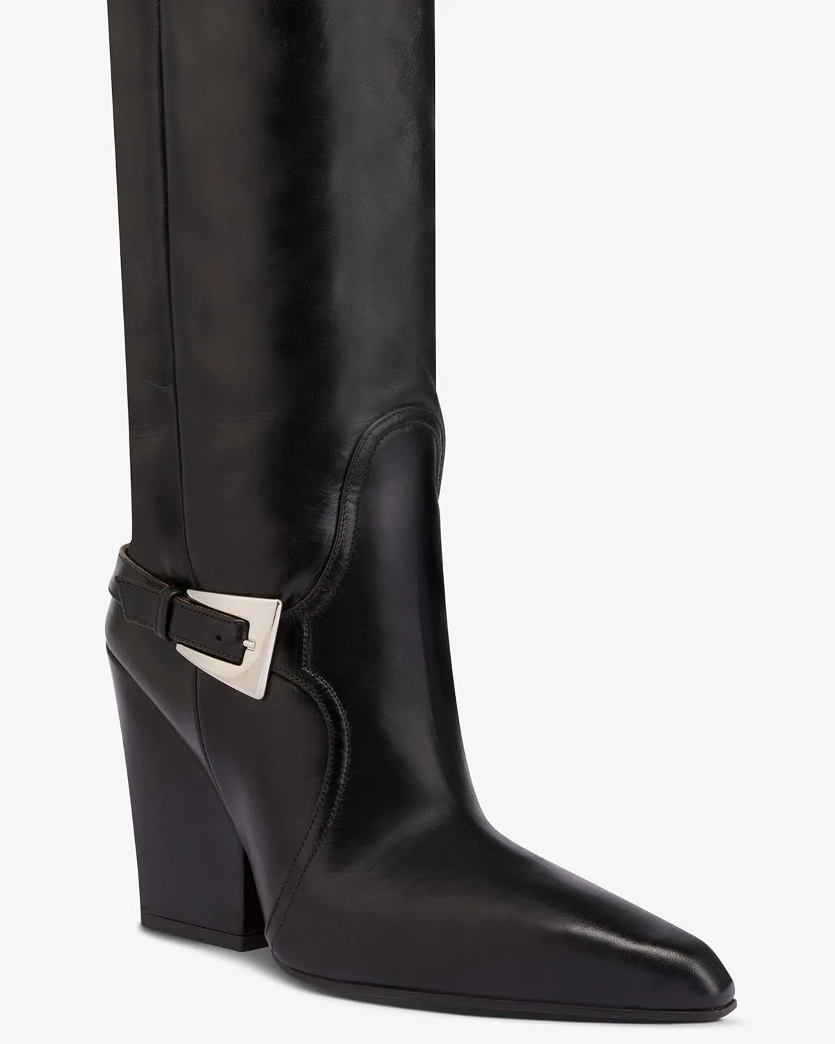 Women's Leather Knee High Boots Pointed Toe Chunky Block Heel Wide Calf Boots Ankle Strap Buckle Pull On Retro Red/Black Tall Boots