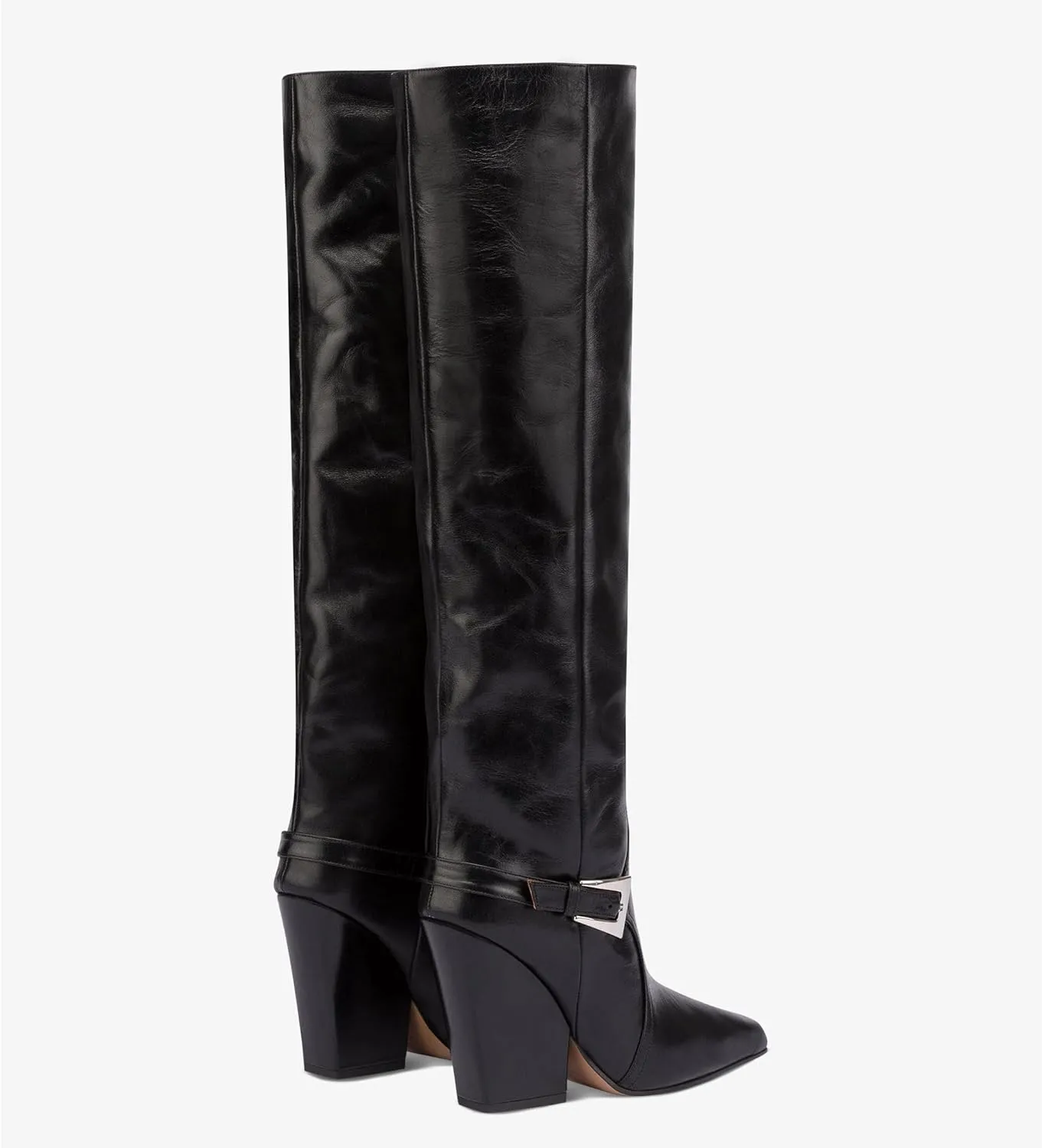 Women's Leather Knee High Boots Pointed Toe Chunky Block Heel Wide Calf Boots Ankle Strap Buckle Pull On Retro Red/Black Tall Boots