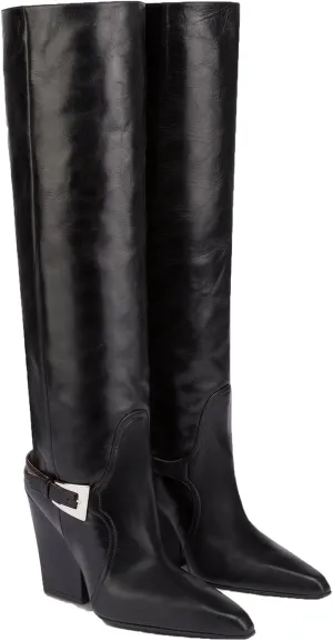 Women's Leather Knee High Boots Pointed Toe Chunky Block Heel Wide Calf Boots Ankle Strap Buckle Pull On Retro Red/Black Tall Boots