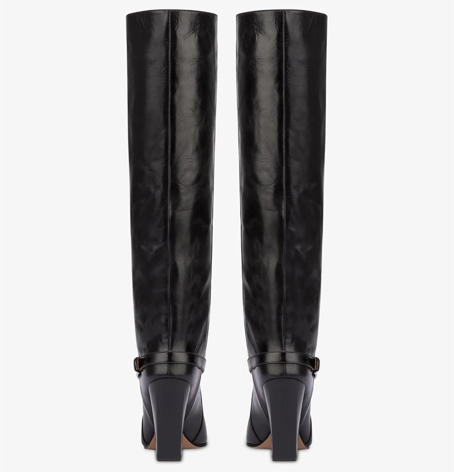 Women's Leather Knee High Boots Pointed Toe Chunky Block Heel Wide Calf Boots Ankle Strap Buckle Pull On Retro Red/Black Tall Boots