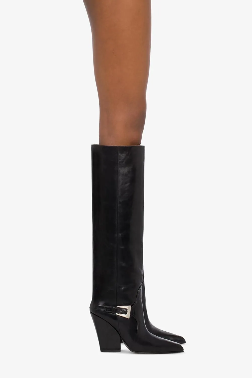 Women's Leather Knee High Boots Pointed Toe Chunky Block Heel Wide Calf Boots Ankle Strap Buckle Pull On Retro Red/Black Tall Boots