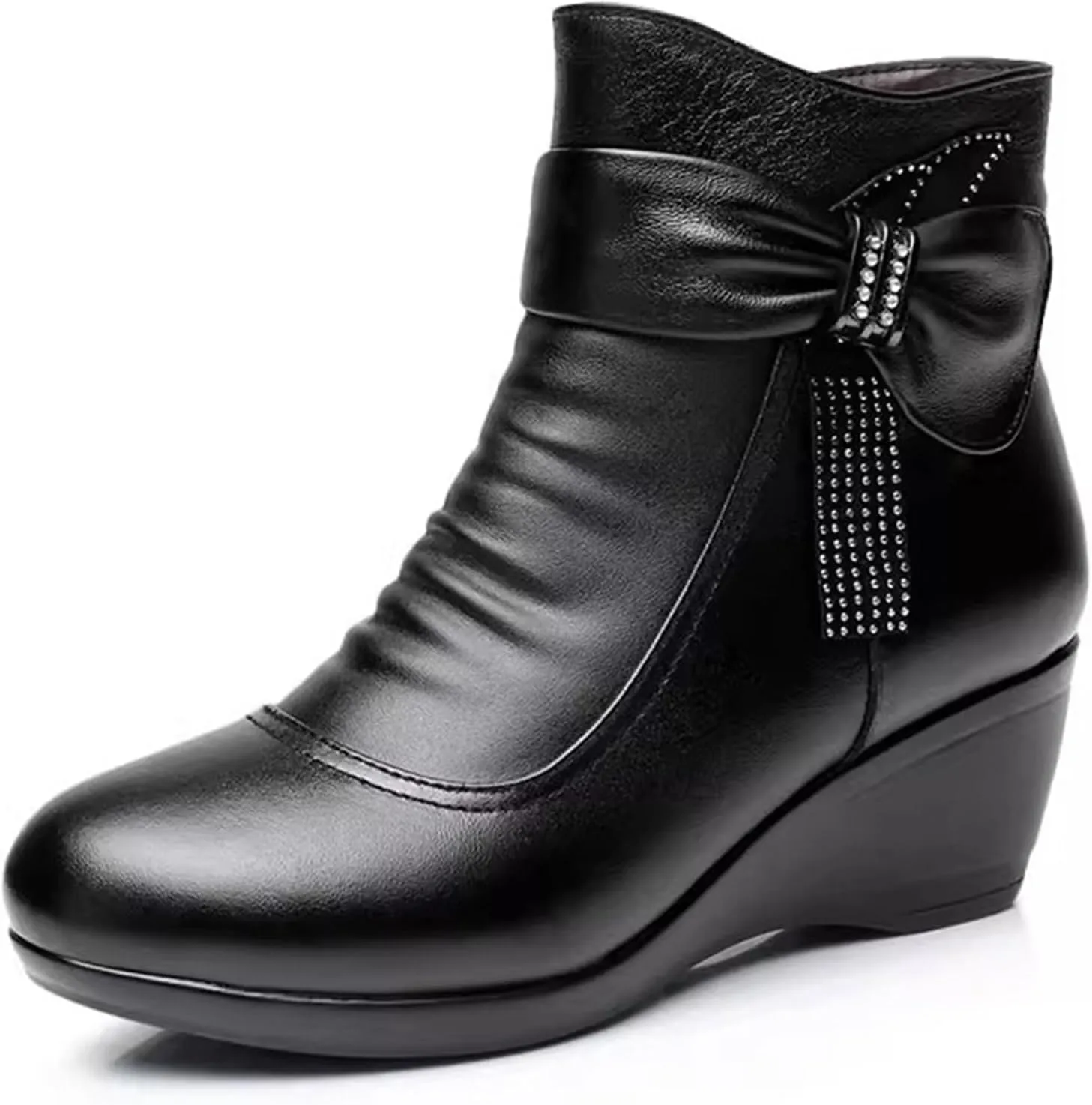 Women'S Leather Wedge Heel Casual Ankle Boots With Side Zipper Winter Warm Plush Fashion Bow Comfortable Round Toe Mom Boots Suitable For Walking Work Boots