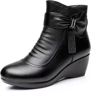 Women'S Leather Wedge Heel Casual Ankle Boots With Side Zipper Winter Warm Plush Fashion Bow Comfortable Round Toe Mom Boots Suitable For Walking Work Boots