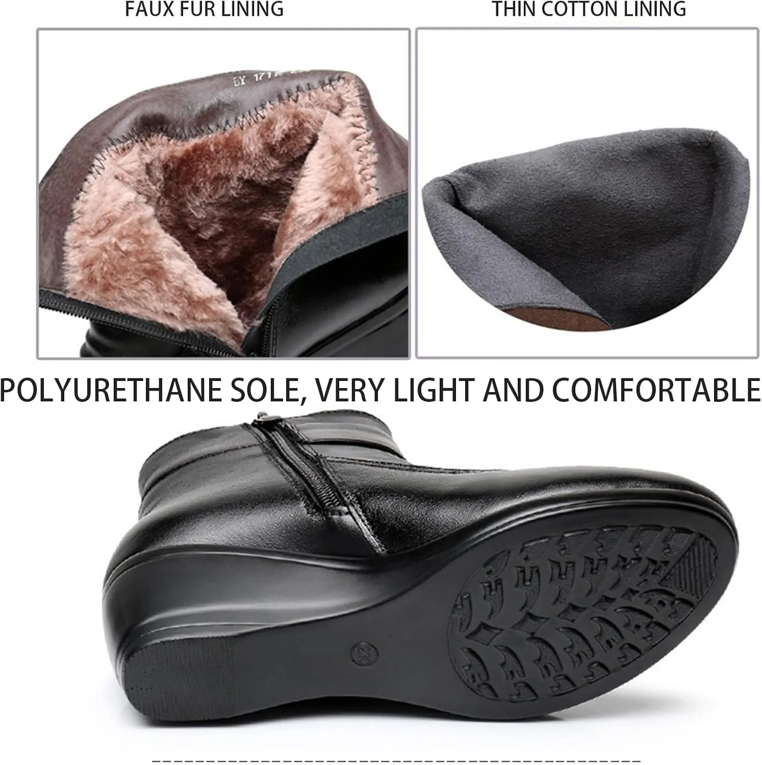 Women'S Leather Wedge Heel Casual Ankle Boots With Side Zipper Winter Warm Plush Fashion Bow Comfortable Round Toe Mom Boots Suitable For Walking Work Boots