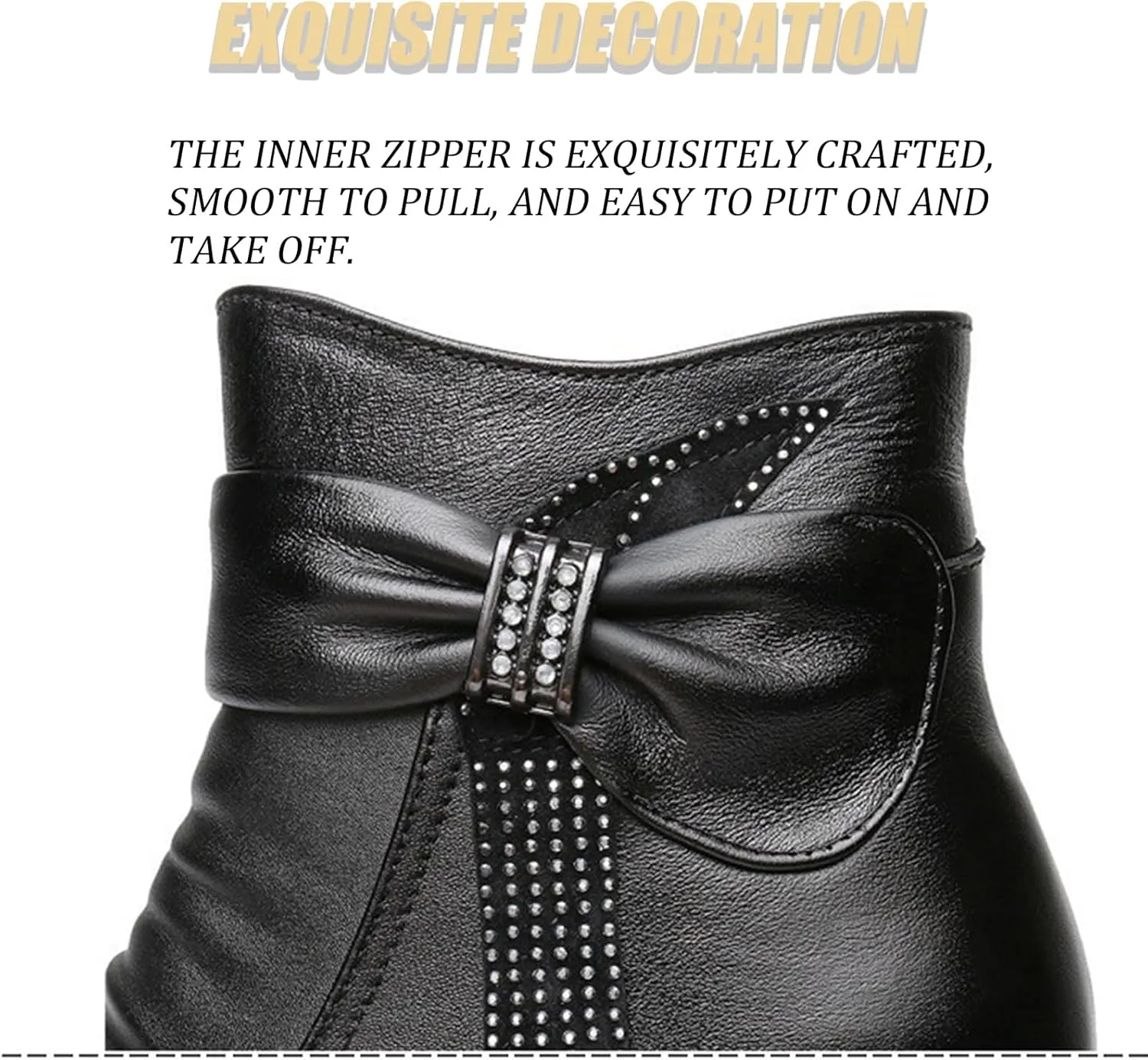 Women'S Leather Wedge Heel Casual Ankle Boots With Side Zipper Winter Warm Plush Fashion Bow Comfortable Round Toe Mom Boots Suitable For Walking Work Boots