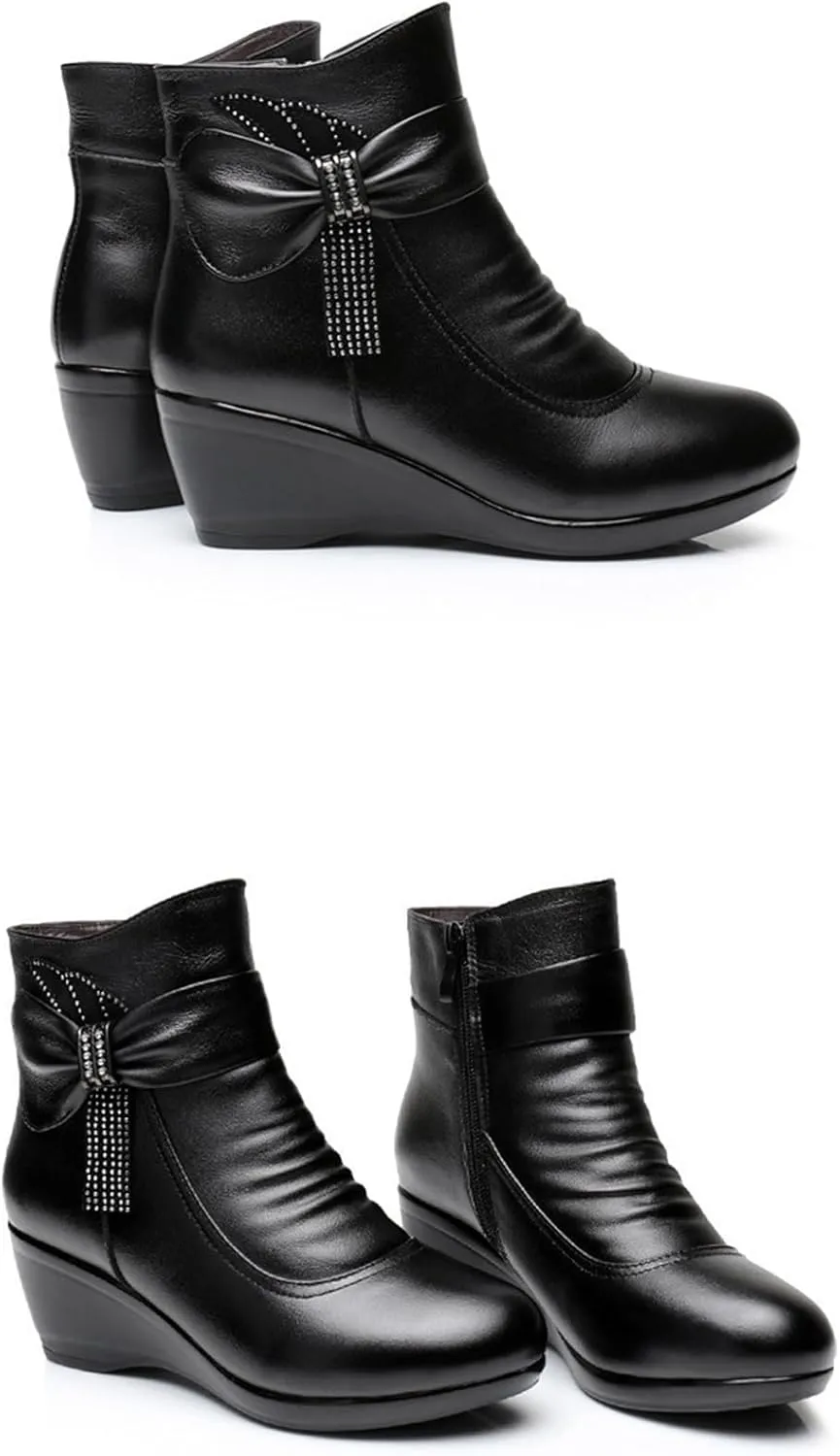 Women'S Leather Wedge Heel Casual Ankle Boots With Side Zipper Winter Warm Plush Fashion Bow Comfortable Round Toe Mom Boots Suitable For Walking Work Boots