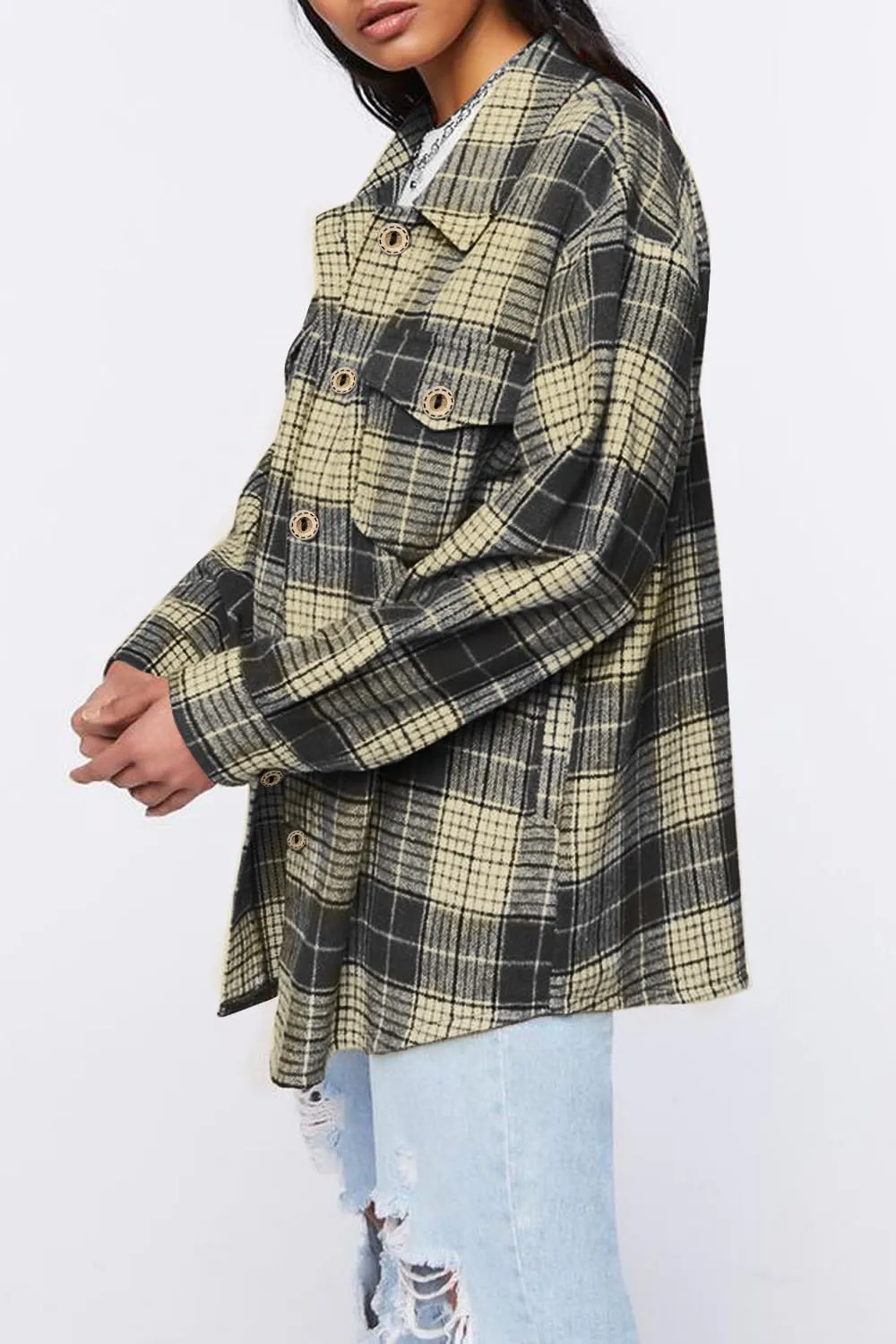 Womens Long Sleeve Plaid Shirts Flannel Collared Button Down Shackets Casual Rolled Up Boyfriend Blouses Tops
