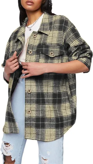 Womens Long Sleeve Plaid Shirts Flannel Collared Button Down Shackets Casual Rolled Up Boyfriend Blouses Tops